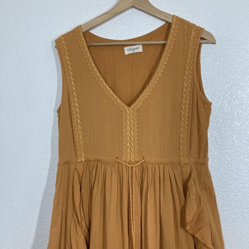 Talisman Sun Dress Small Mustard Yellow Boho Maxi Sleeveless Ruffle Tassel - Picture 3 of 16